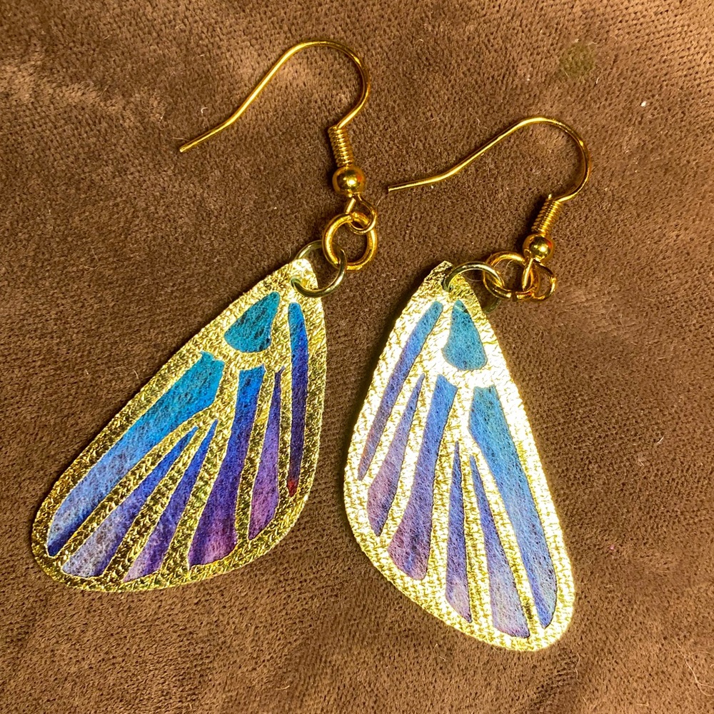 Handmade Butterfly Wings Dangle Earrings Fabric Gold Metallic Gold-Plate Hooks